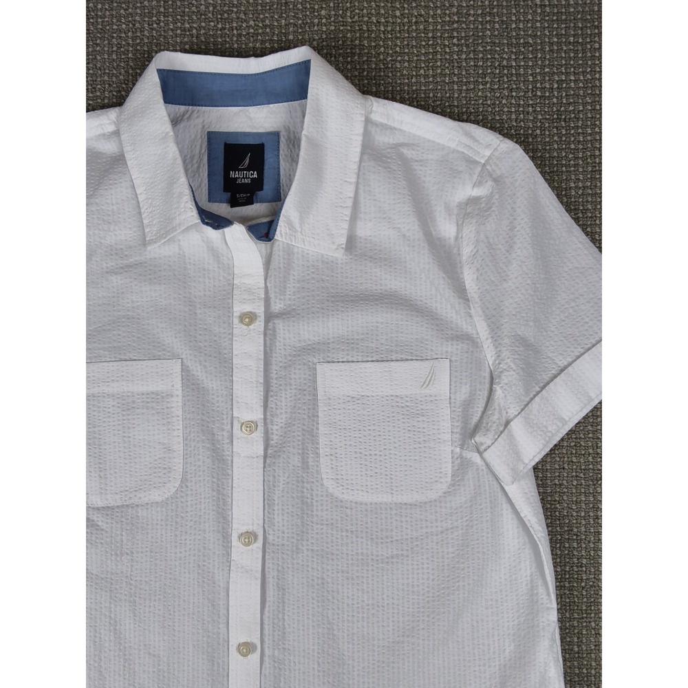 Nautica Jeans White Seersucker Short Sleeve Button Up Shirt Top Women Size SI'll
